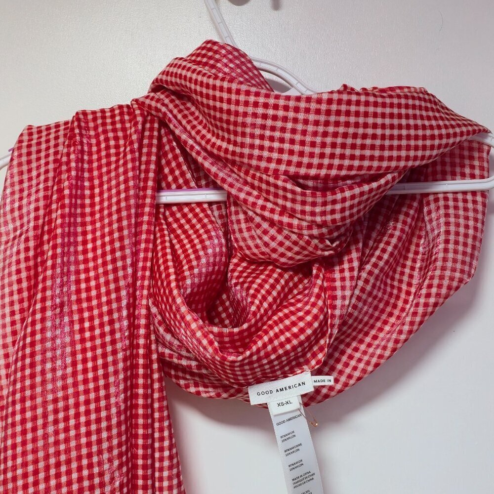 Red and White Checkered Good American Scarf Shiny New - Picture 6 of 6